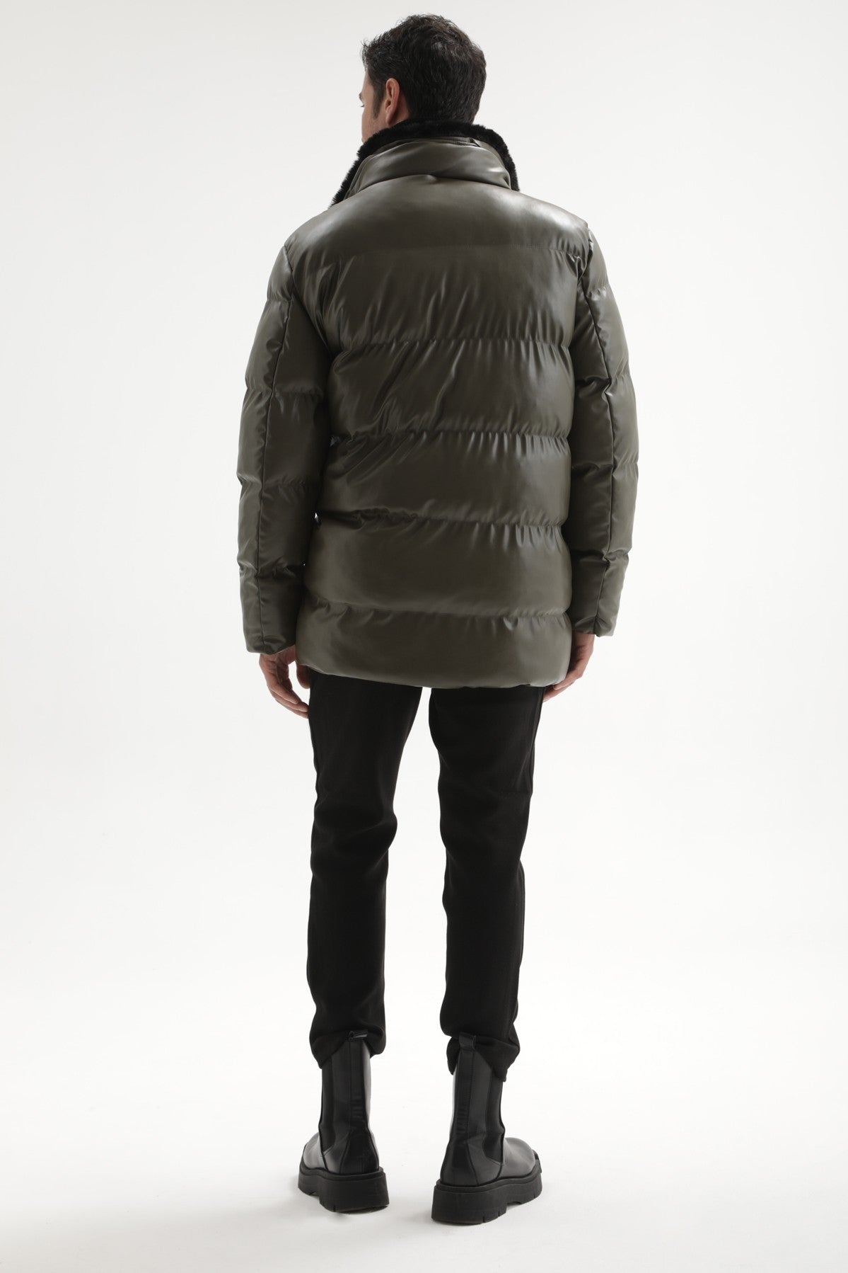Antioch Men's Faux Leather Long Puffer Jacket with Fur Collar