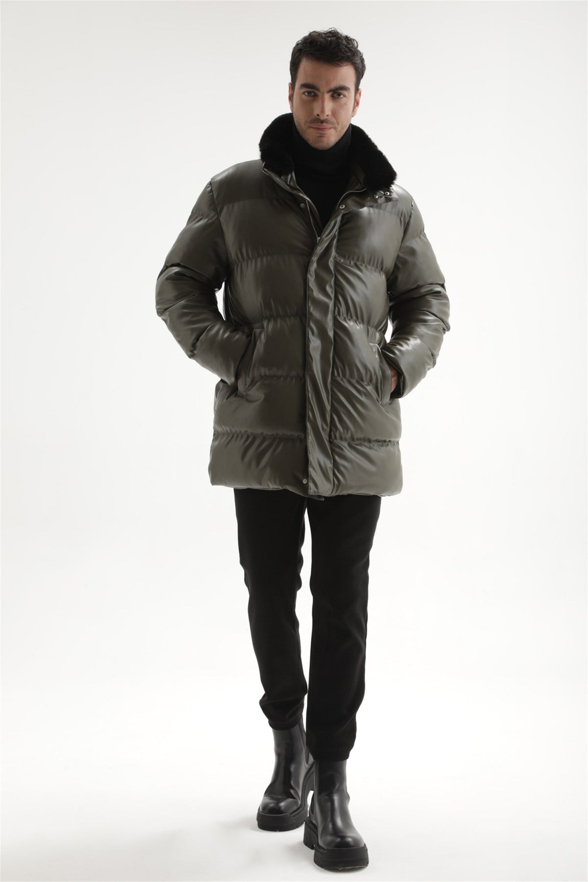 Antioch Men's Faux Leather Long Puffer Jacket with Fur Collar