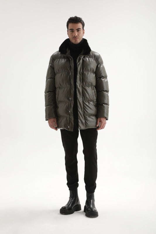 Antioch Men's Faux Leather Long Puffer Jacket with Fur Collar