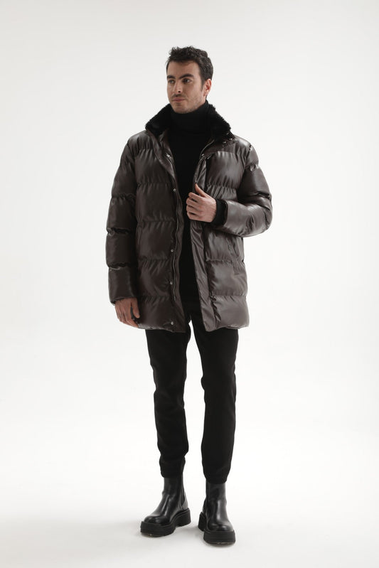 Antioch Men's Faux Leather Long Puffer Jacket with Fur Collar