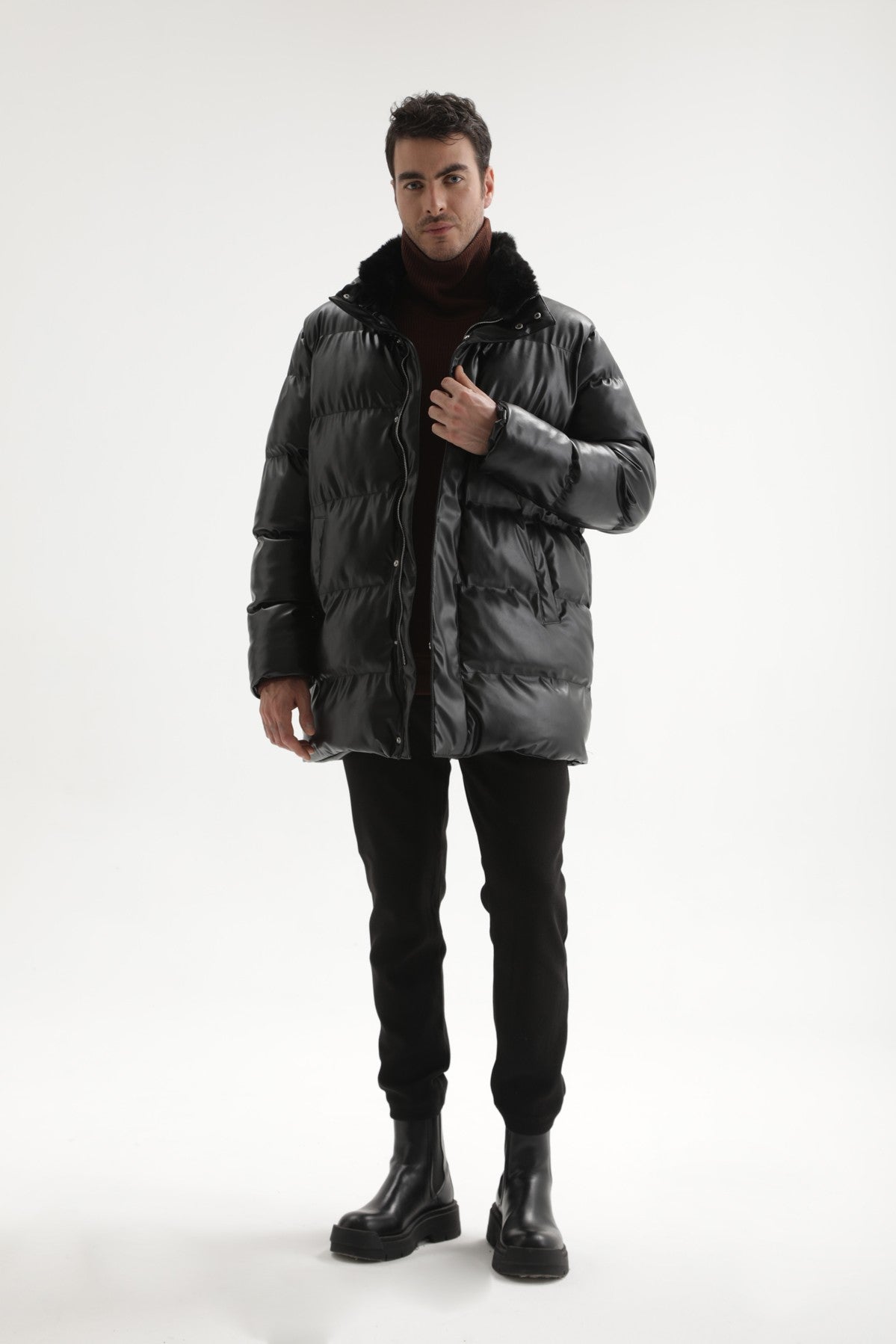 Antioch Men's Faux Leather Long Puffer Jacket with Fur Collar