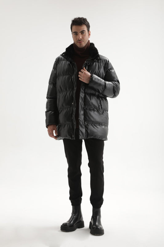 Antioch Men's Faux Leather Long Puffer Jacket with Fur Collar