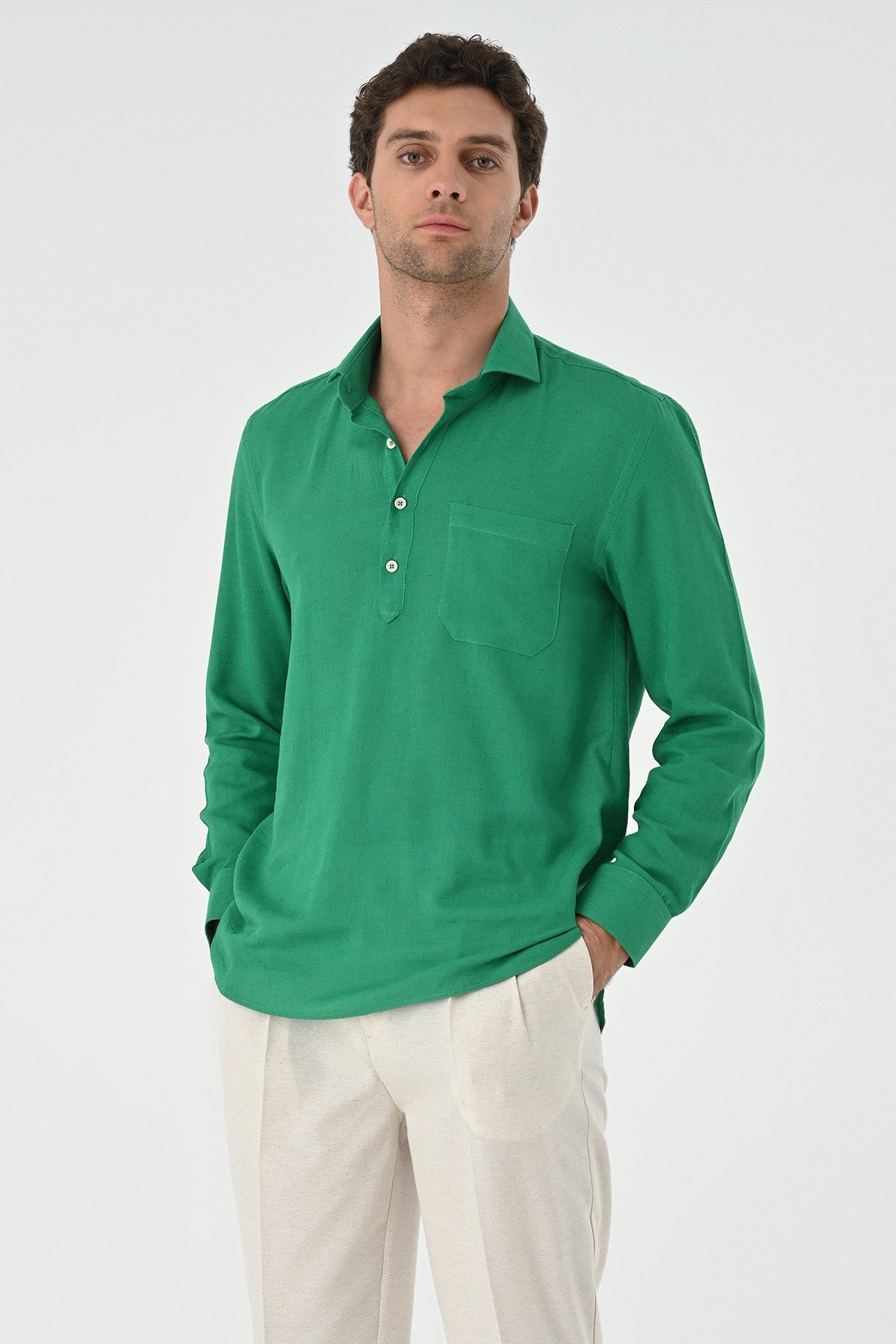 Men's Long-Sleeved Shirt with Half-Button Closure
