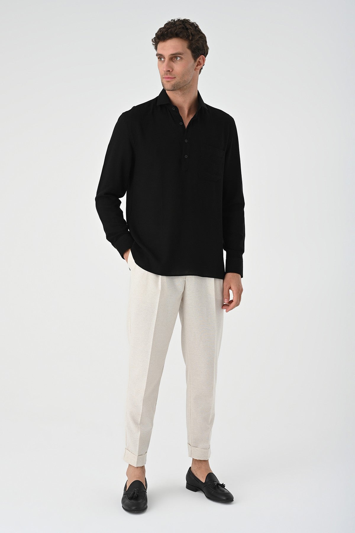 Men's Long-Sleeved Shirt with Half-Button Closure