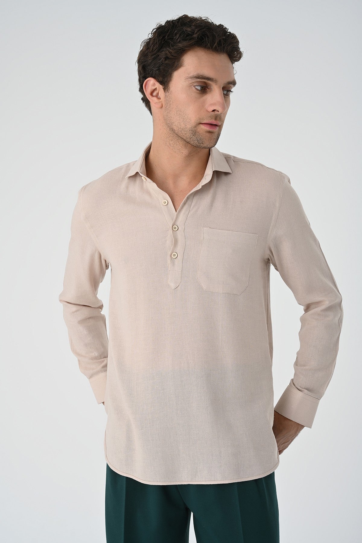 Men's Long-Sleeved Shirt with Half-Button Closure