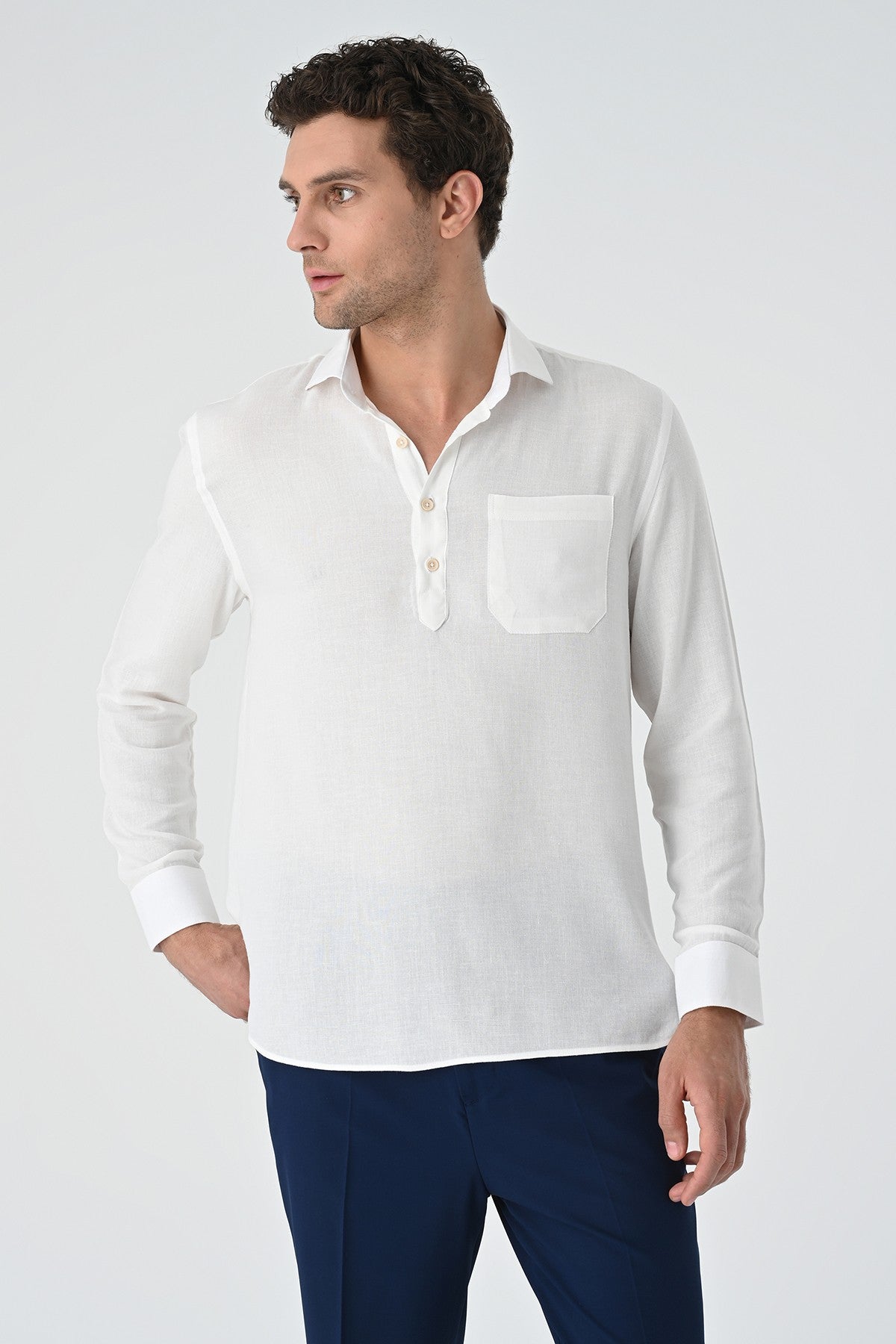 Men's Long-Sleeved Shirt with Half-Button Closure