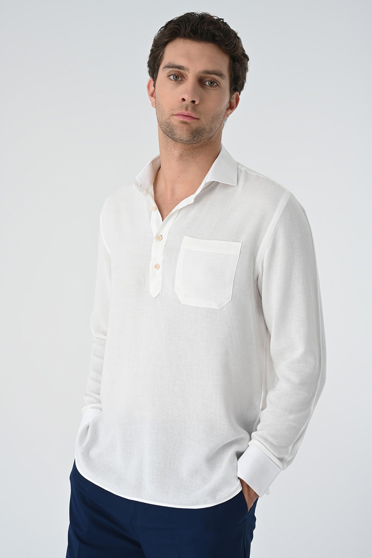 Men's Long-Sleeved Shirt with Half-Button Closure