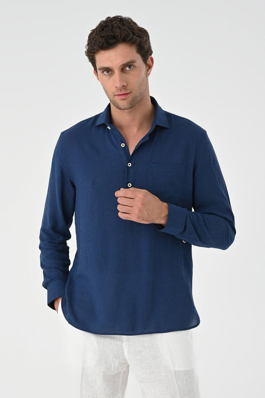 Men's Long-Sleeved Shirt with Half-Button Closure
