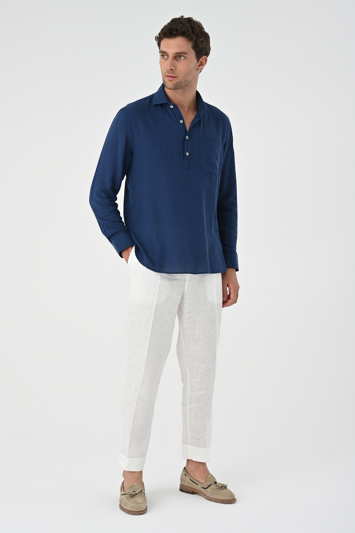 Men's Long-Sleeved Shirt with Half-Button Closure