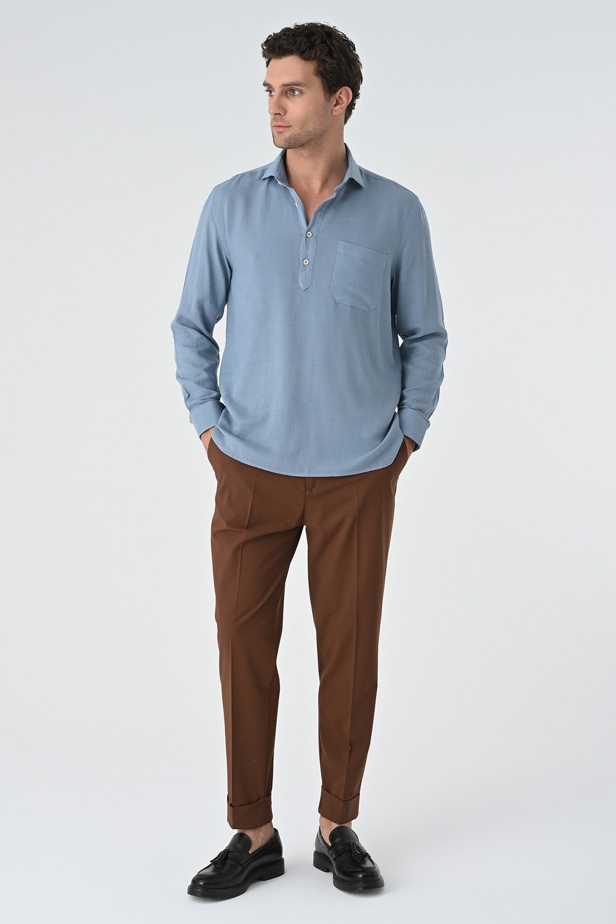 Men's Long-Sleeved Shirt with Half-Button Closure
