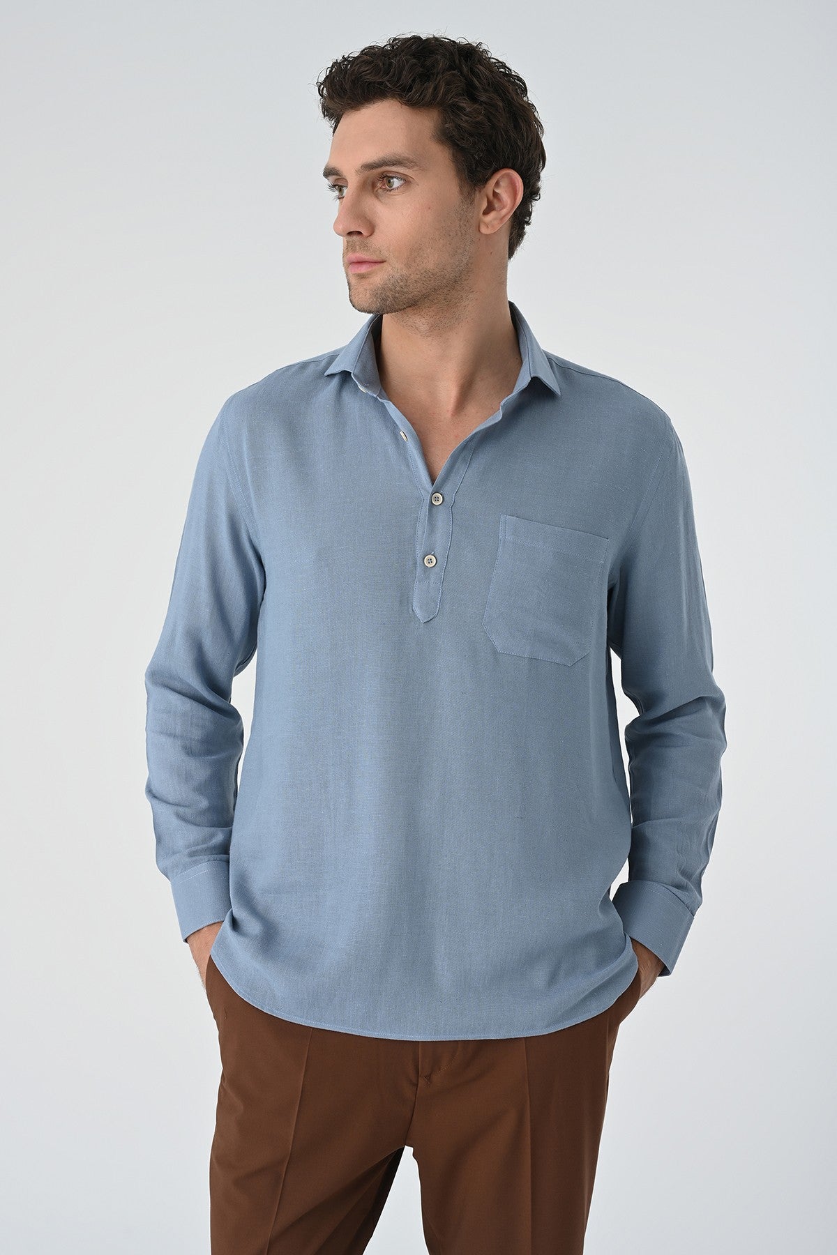 Men's Long-Sleeved Shirt with Half-Button Closure