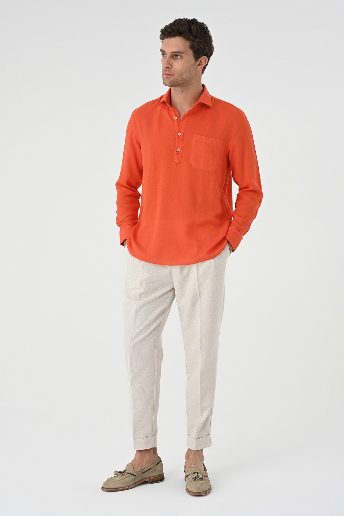 Men's Long-Sleeved Shirt with Half-Button Closure