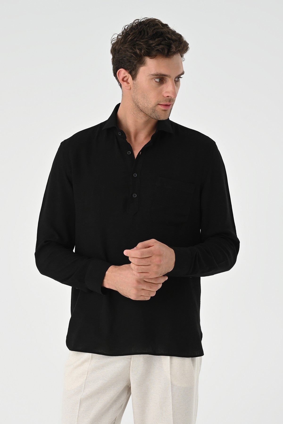 Men's Long-Sleeved Shirt with Half-Button Closure