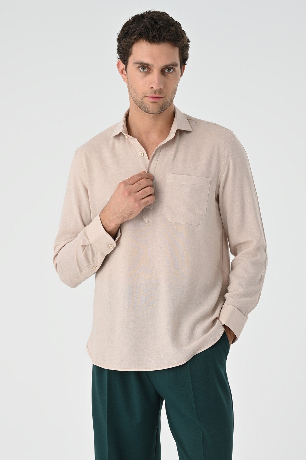 Men's Long-Sleeved Shirt with Half-Button Closure