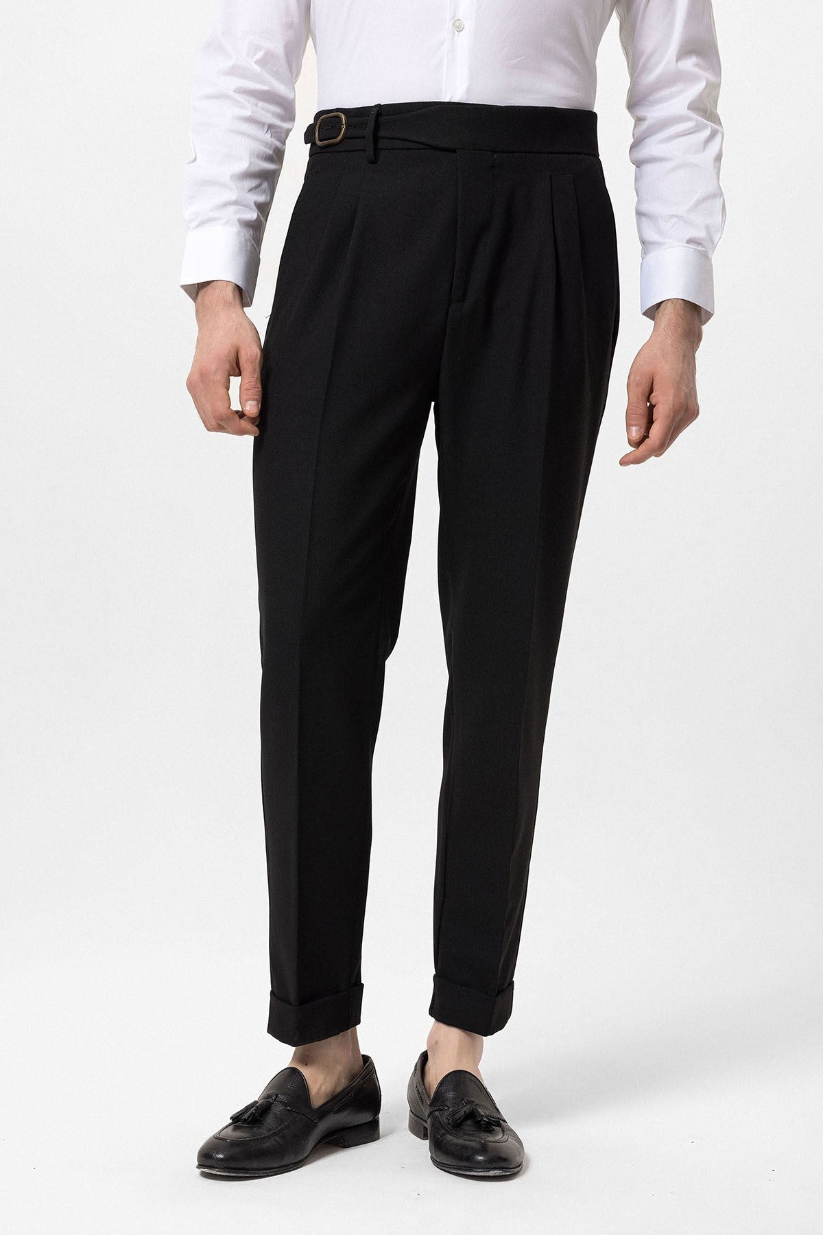 High-Waisted Pleated Men's Pants with Buckle Detail