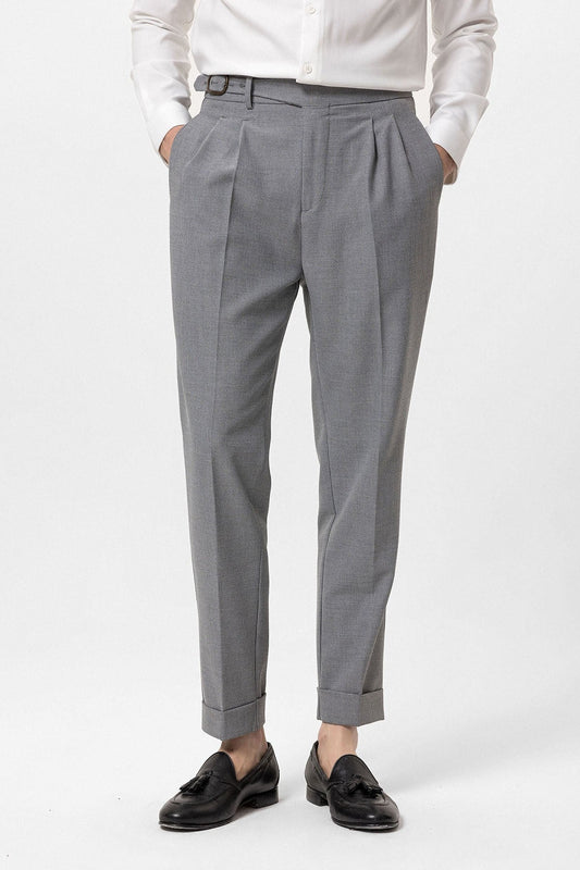 High-Waisted Pleated Men's Pants with Buckle Detail