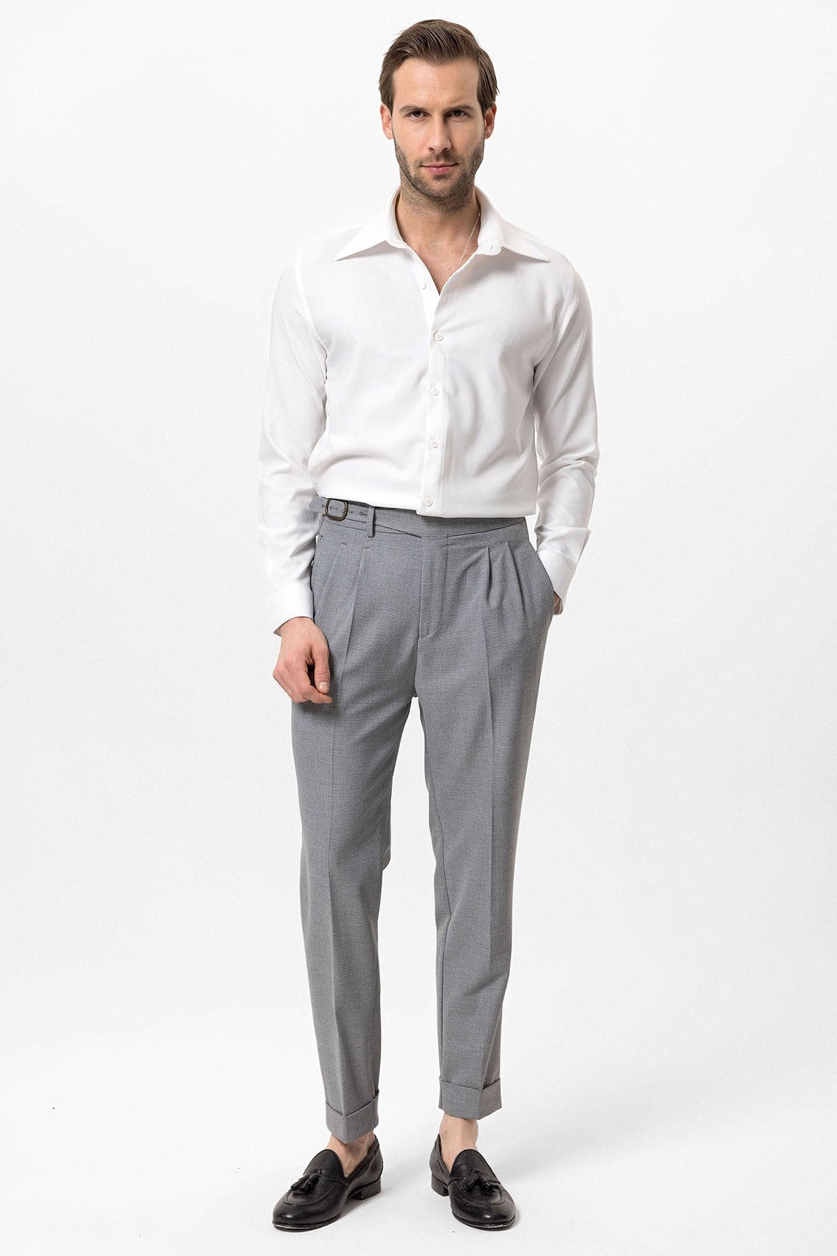 High-Waisted Pleated Men's Pants with Buckle Detail