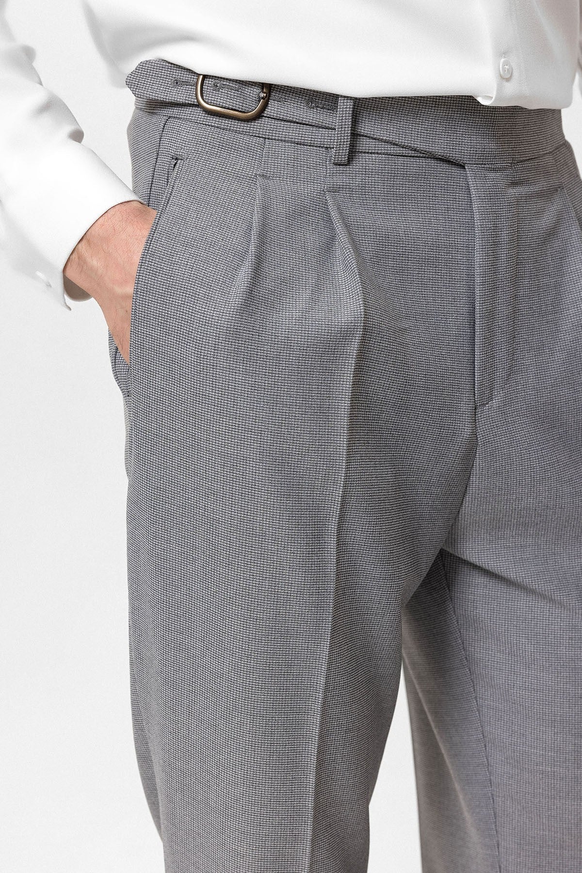 High-Waisted Pleated Men's Pants with Buckle Detail