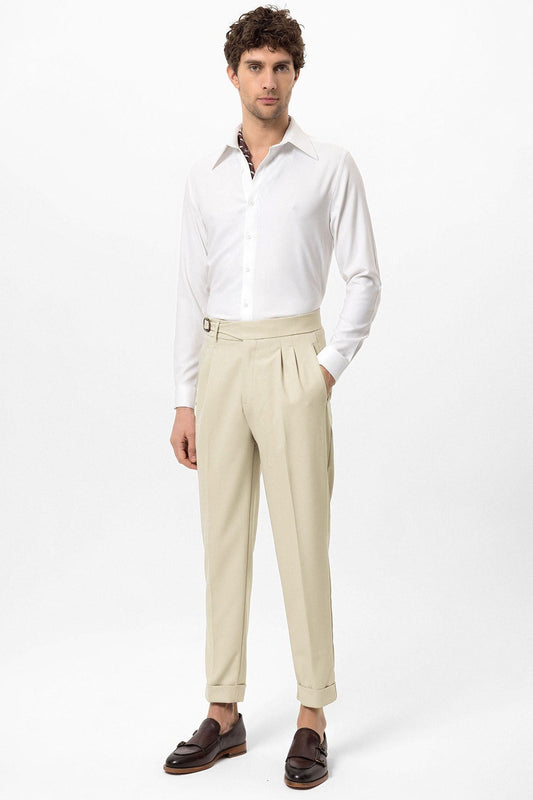 High-Waisted Pleated Men's Pants with Buckle Detail