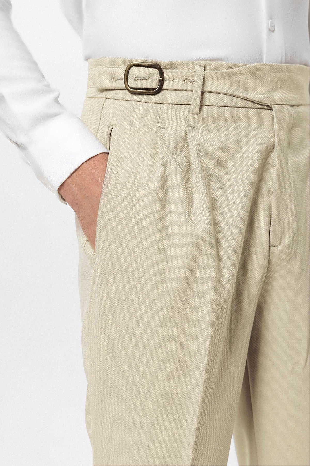 High-Waisted Pleated Men's Pants with Buckle Detail