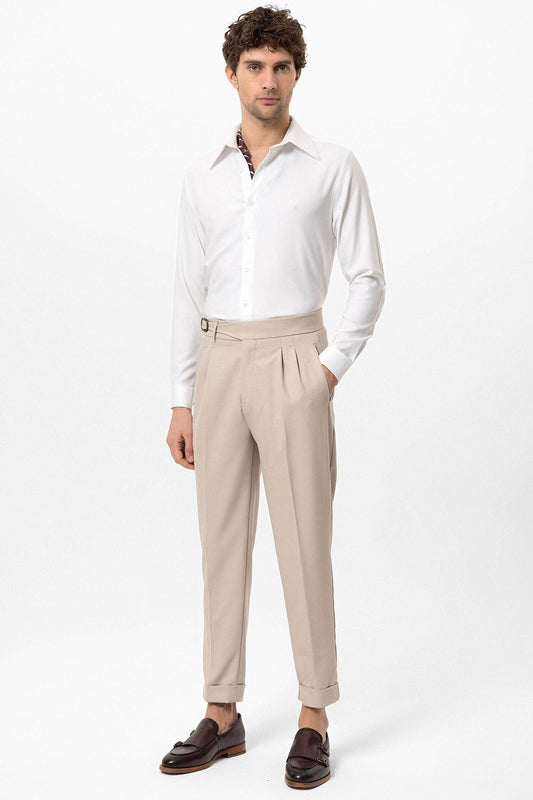 High-Waisted Pleated Men's Pants with Buckle Detail