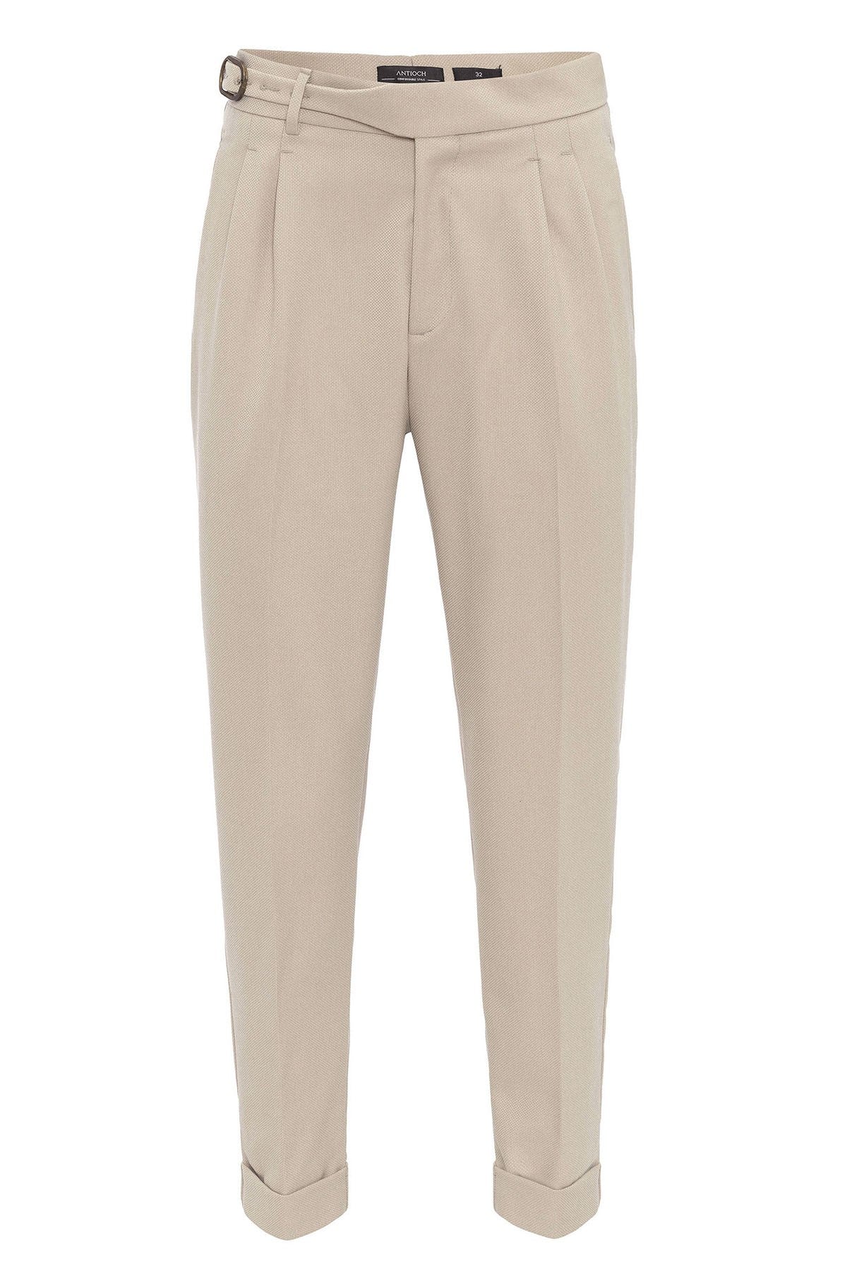 High-Waisted Pleated Men's Pants with Buckle Detail