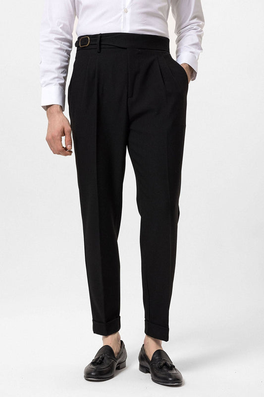High-Waisted Pleated Men's Pants with Buckle Detail