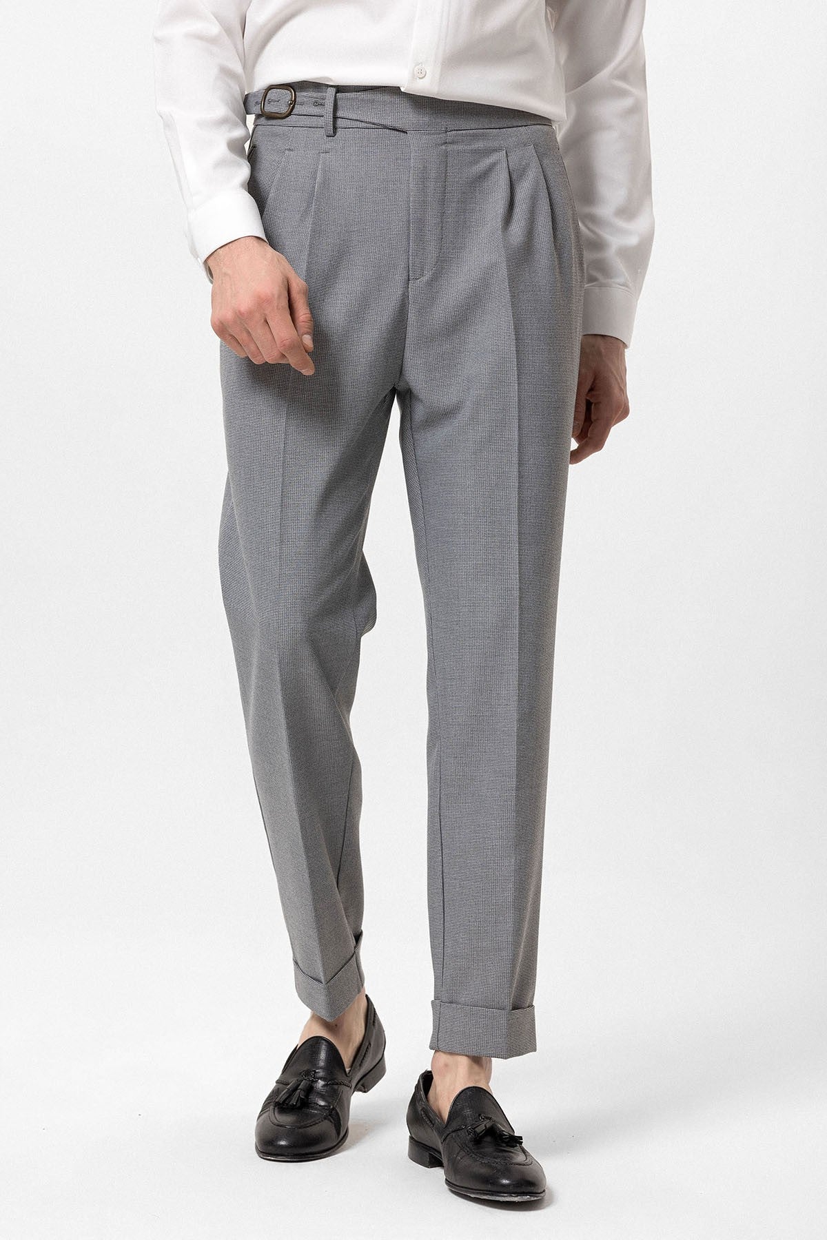 High-Waisted Pleated Men's Pants with Buckle Detail