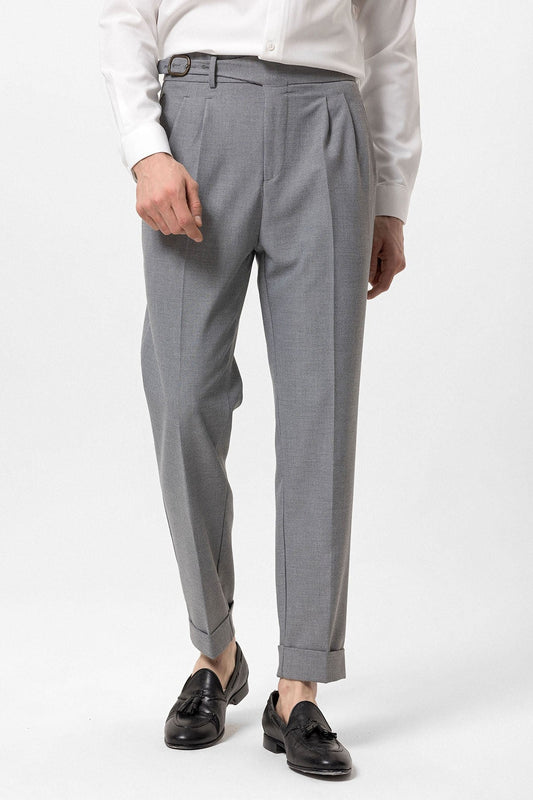 High-Waisted Pleated Men's Pants with Buckle Detail
