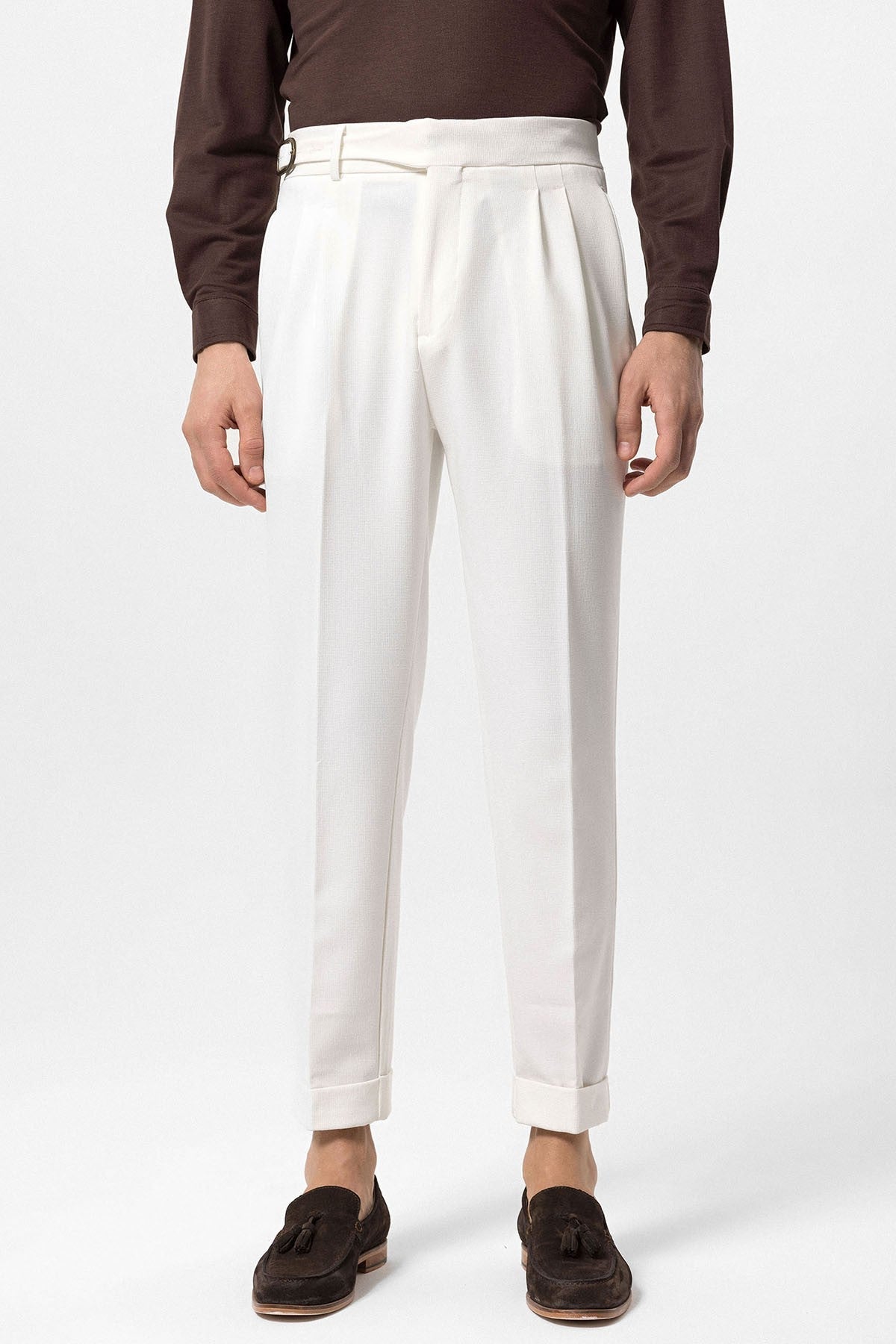 High-Waisted Pleated Men's Pants with Buckle Detail