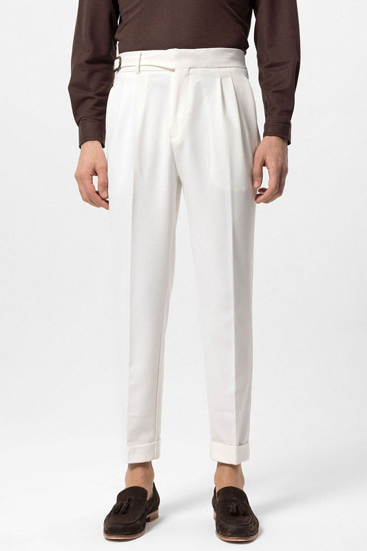 High-Waisted Pleated Men's Pants with Buckle Detail