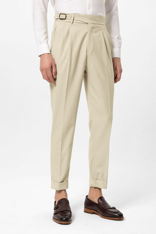 High-Waisted Pleated Men's Pants with Buckle Detail