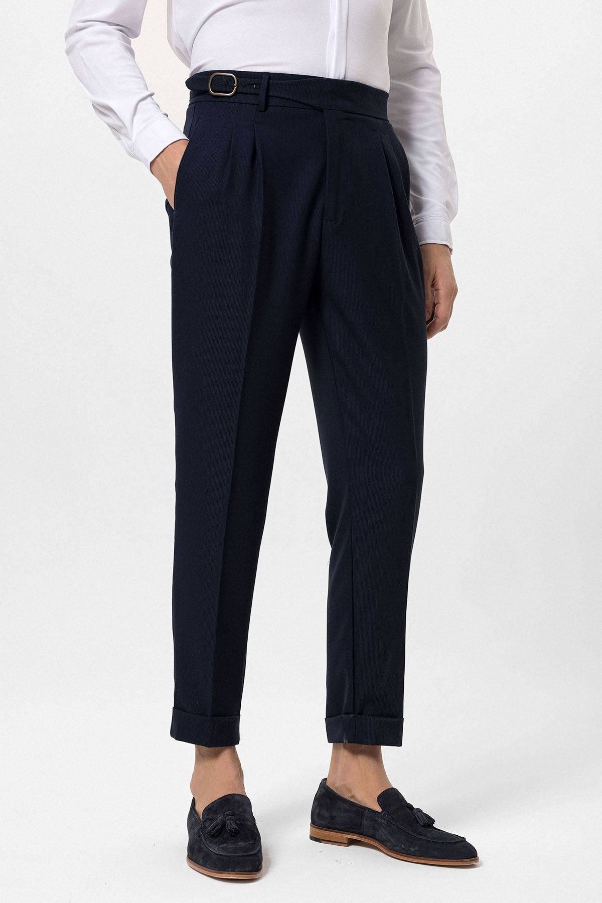 High-Waisted Pleated Men's Pants with Buckle Detail