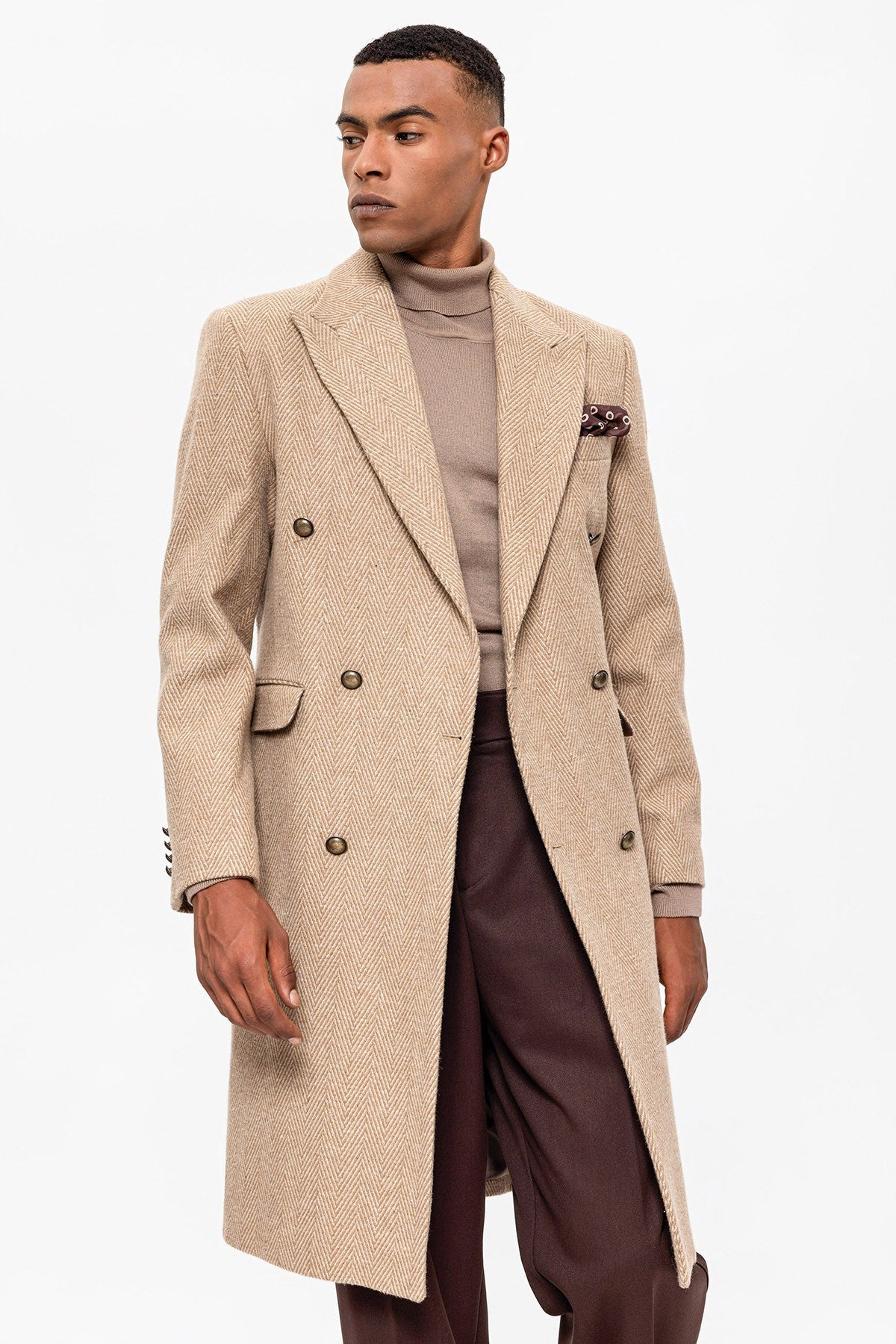 Antioch Herringbone-Patterned Double-Breasted Men's Coat