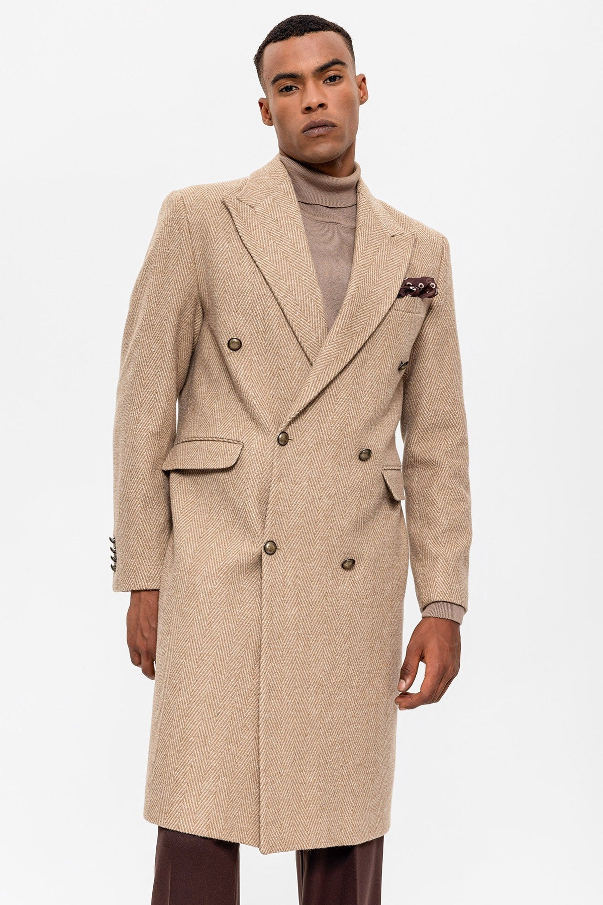 Antioch Herringbone-Patterned Double-Breasted Men's Coat