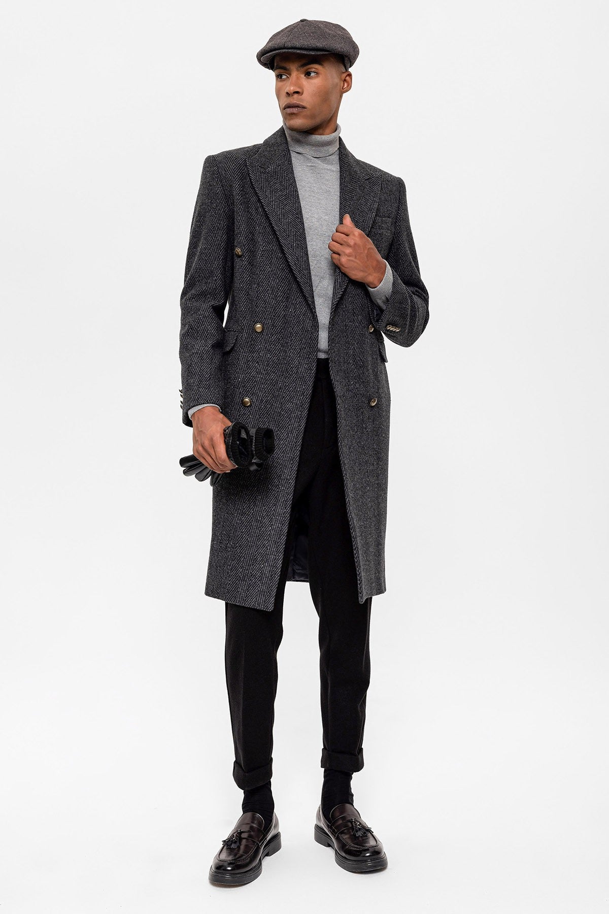 Antioch Herringbone-Patterned Double-Breasted Men's Coat