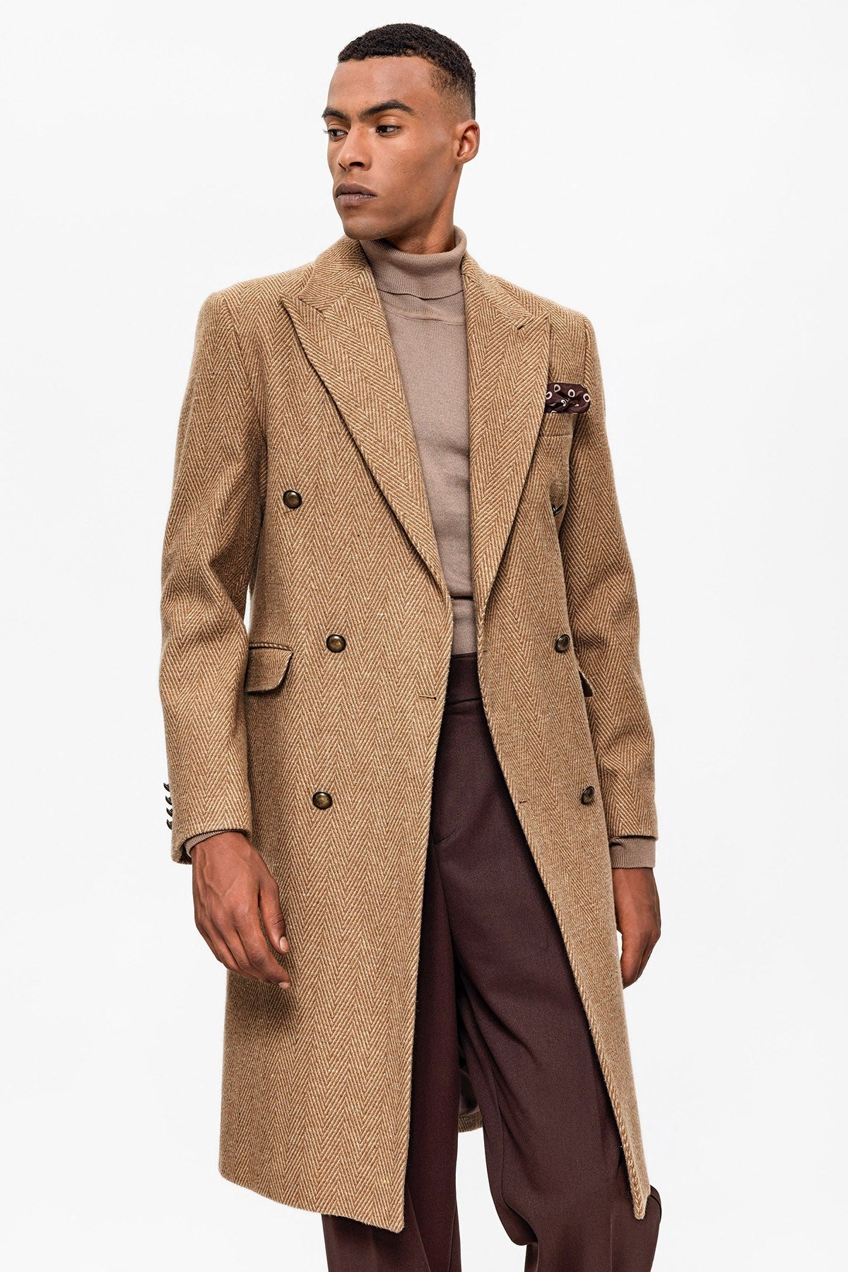Antioch Herringbone-Patterned Double-Breasted Men's Coat