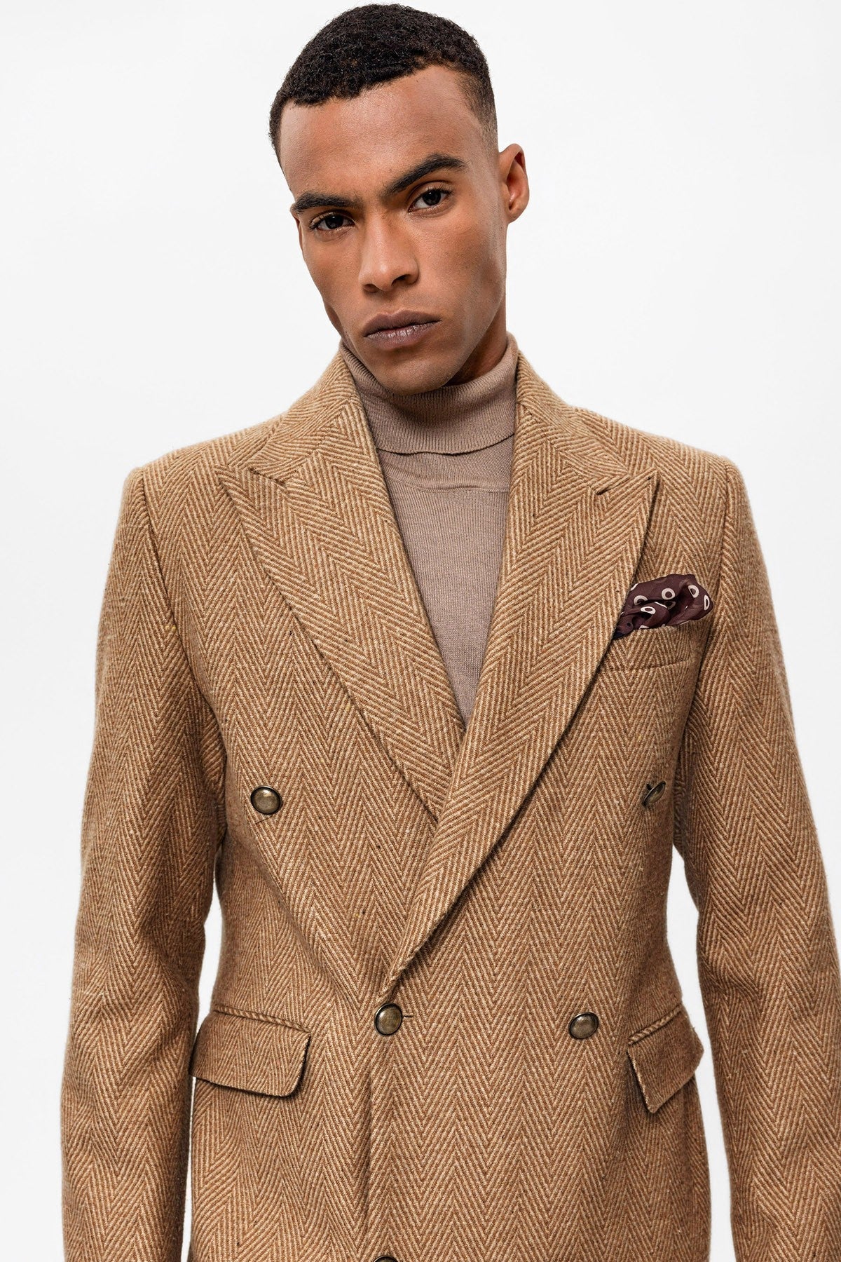Antioch Herringbone-Patterned Double-Breasted Men's Coat