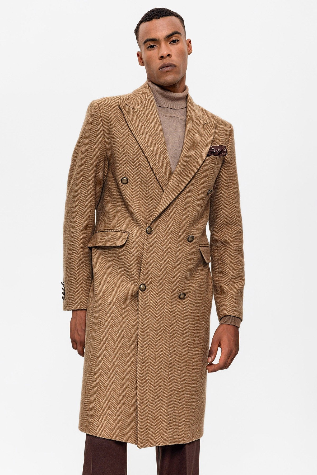 Antioch Herringbone-Patterned Double-Breasted Men's Coat