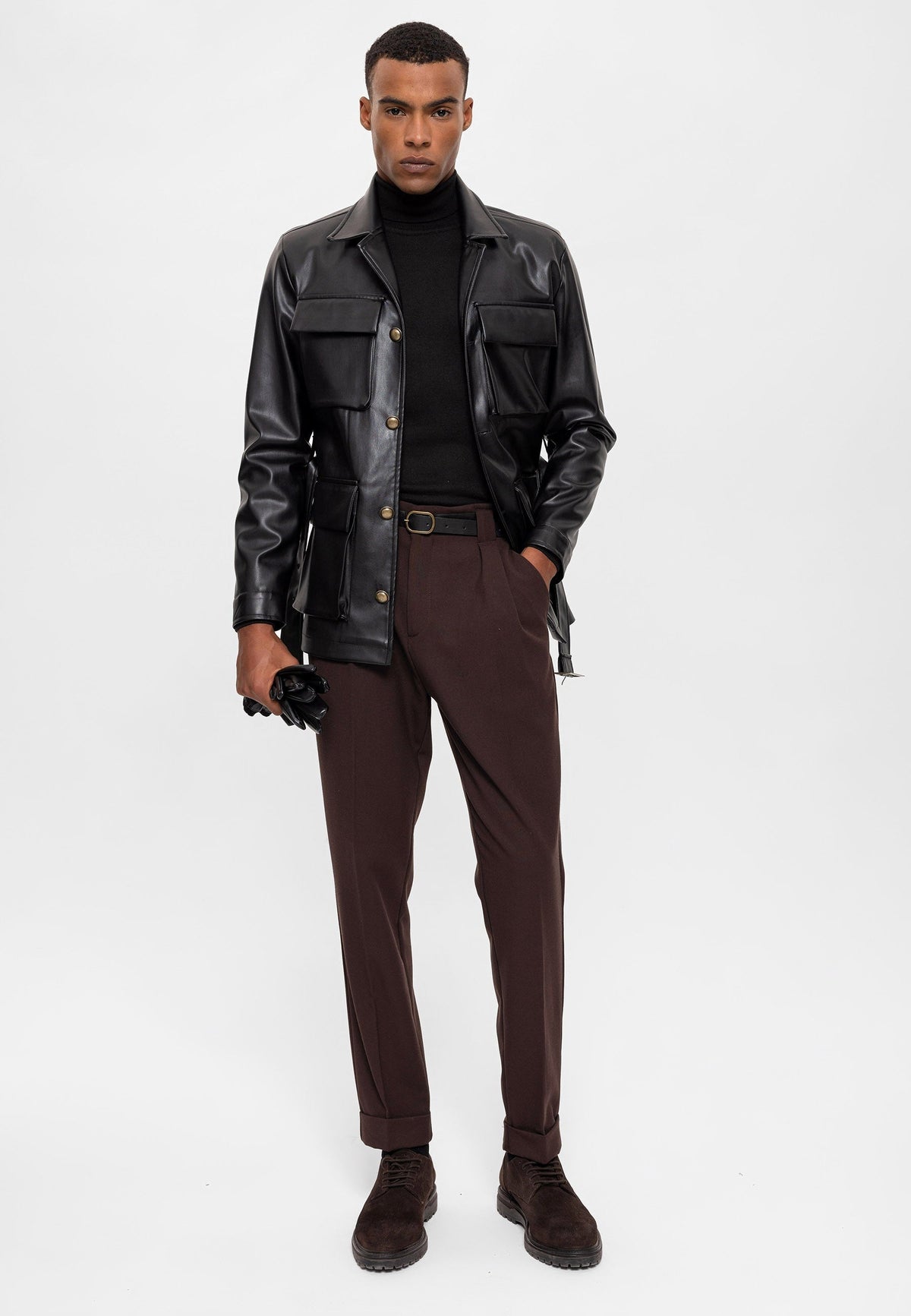 Antioch Slim-Fit Faux Leather Men's Jacket with Belt