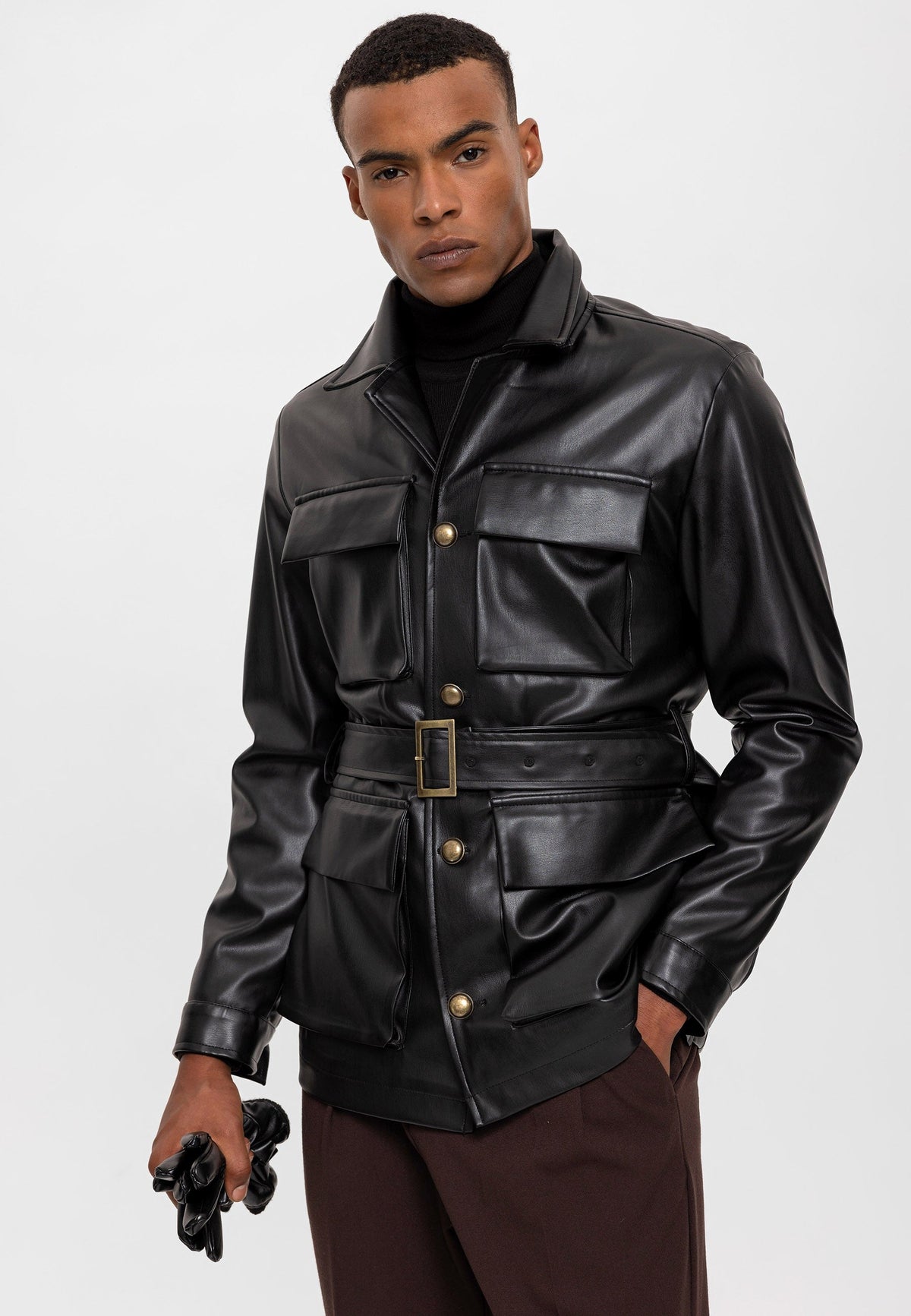 Antioch Slim-Fit Faux Leather Men's Jacket with Belt