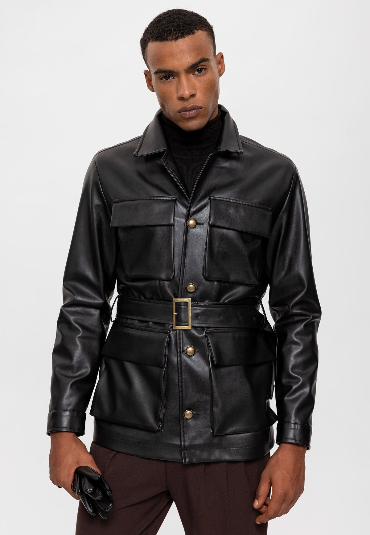 Antioch Slim-Fit Faux Leather Men's Jacket with Belt