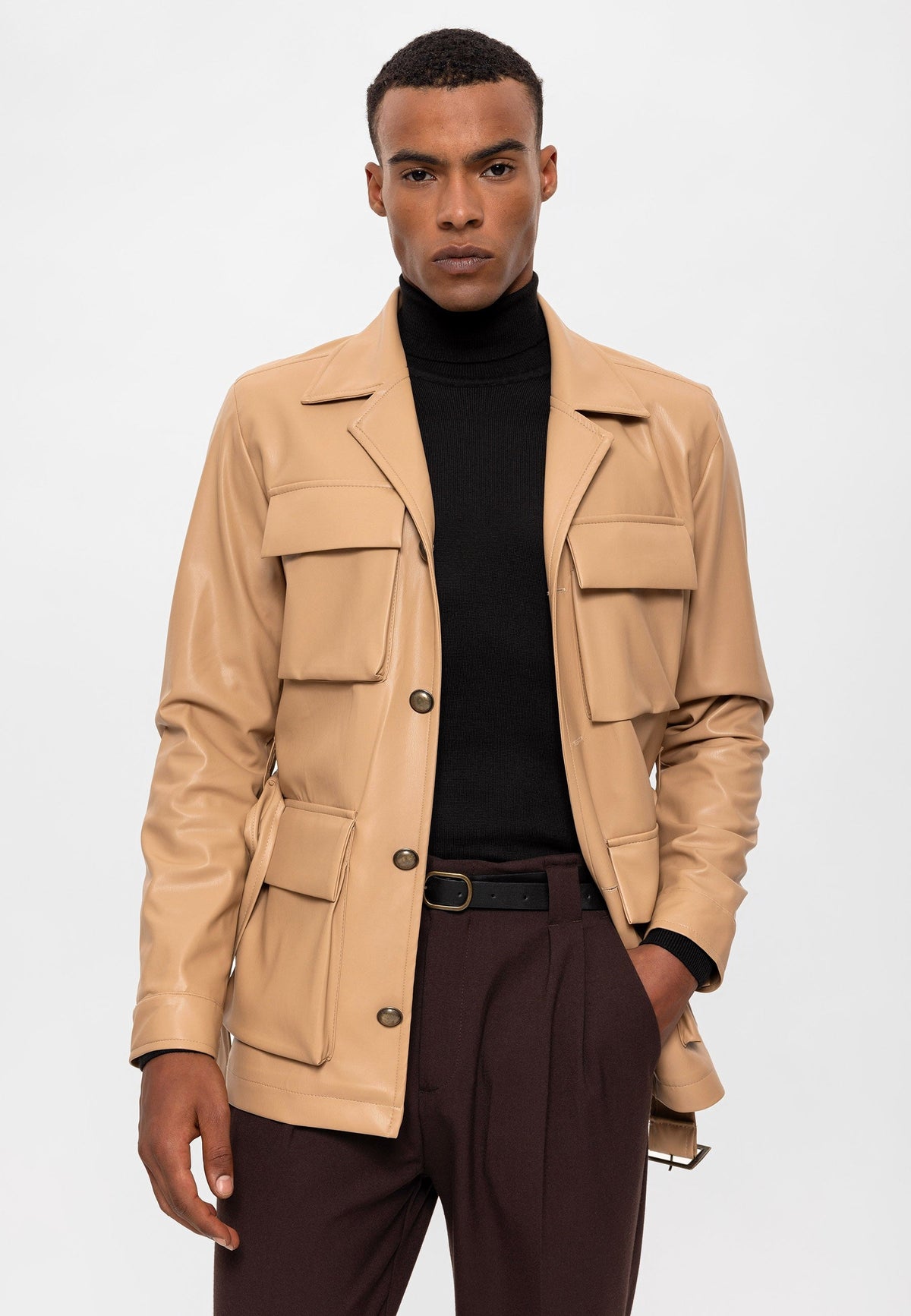 Antioch Slim-Fit Faux Leather Men's Jacket with Belt