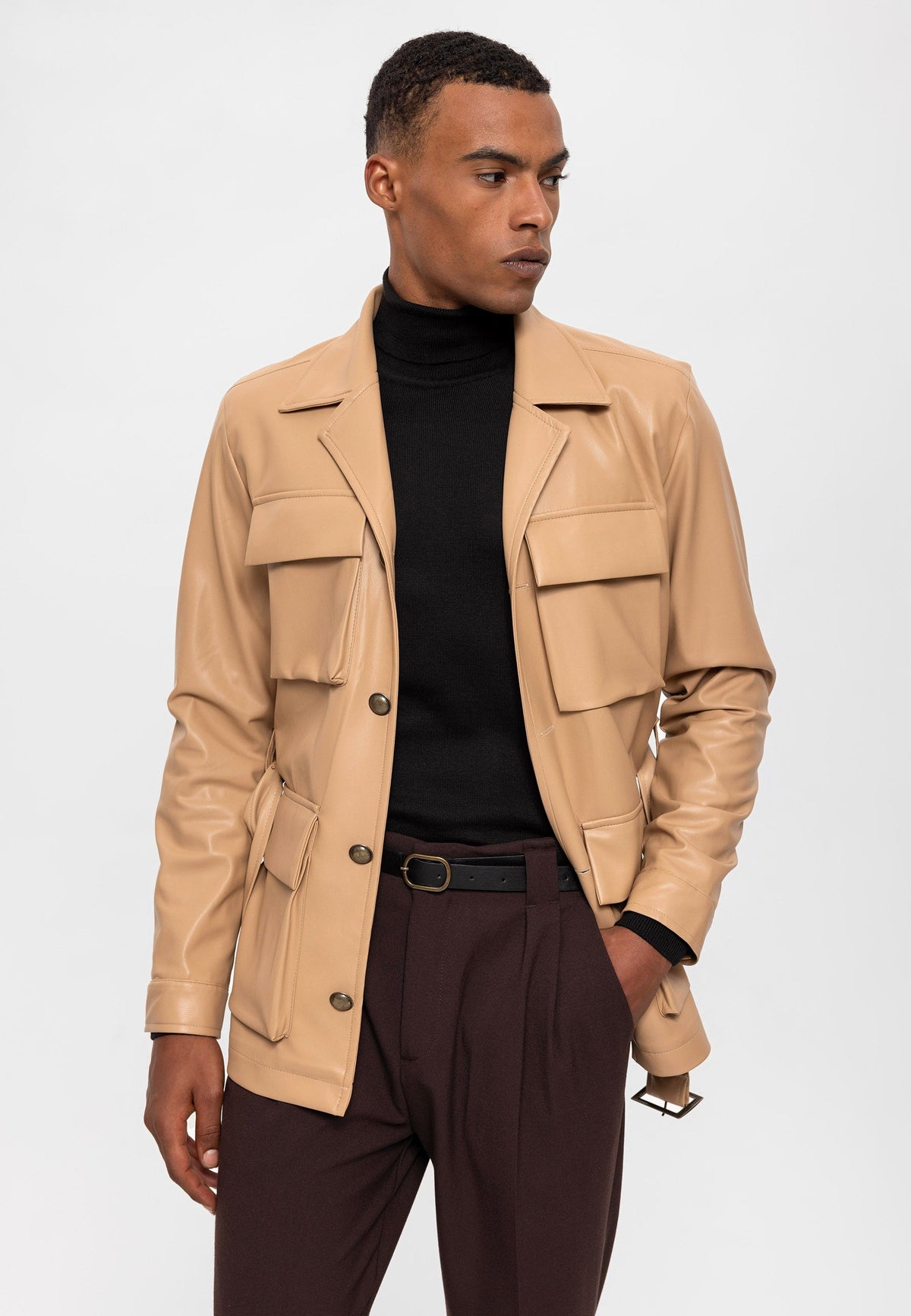 Antioch Slim-Fit Faux Leather Men's Jacket with Belt