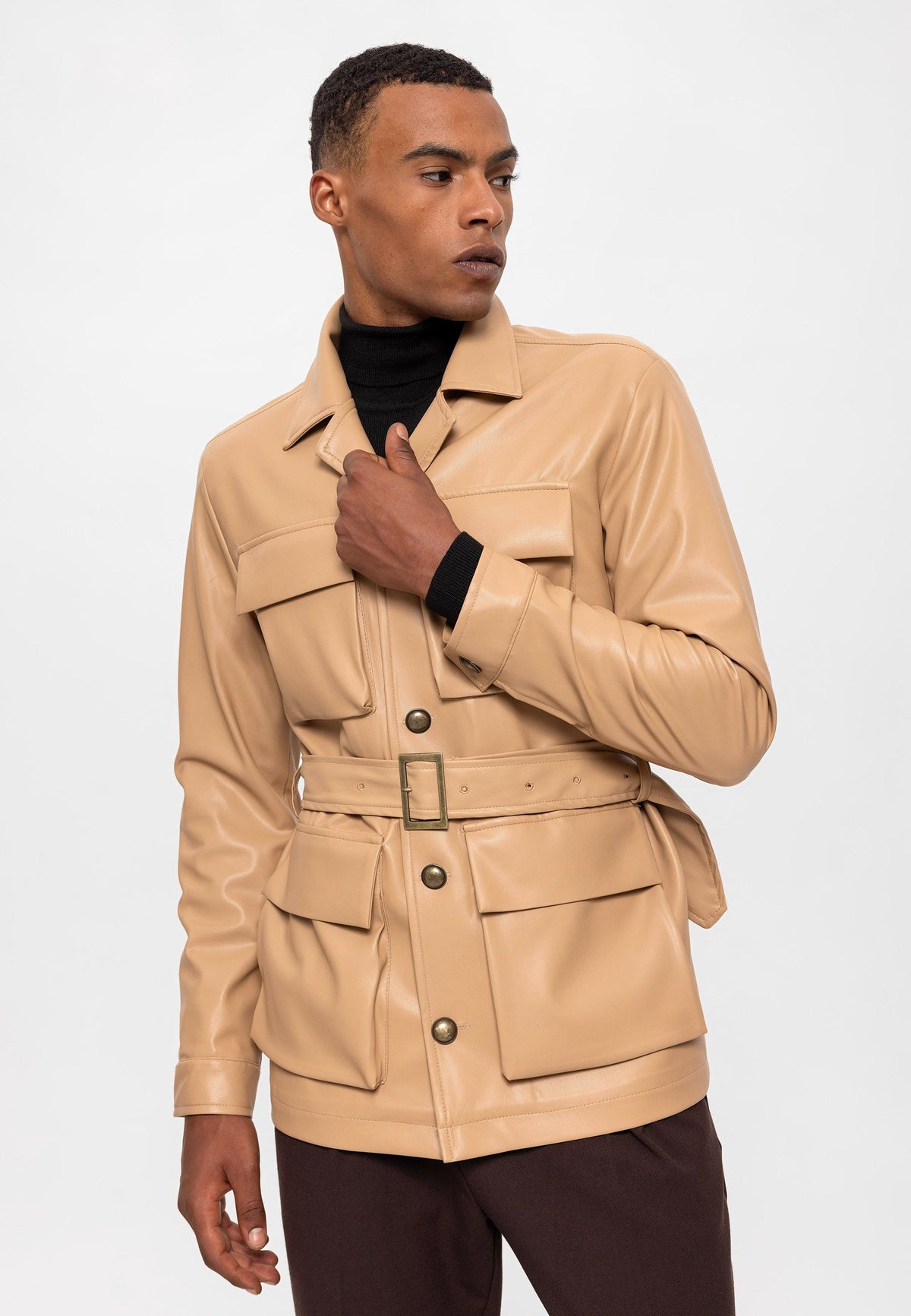 Antioch Slim-Fit Faux Leather Men's Jacket with Belt
