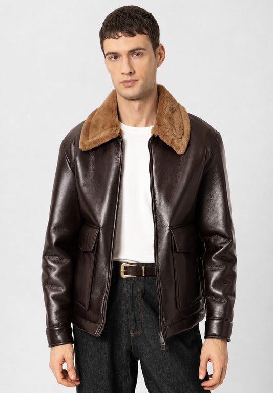 Faux Leather Jacket with Lined Details