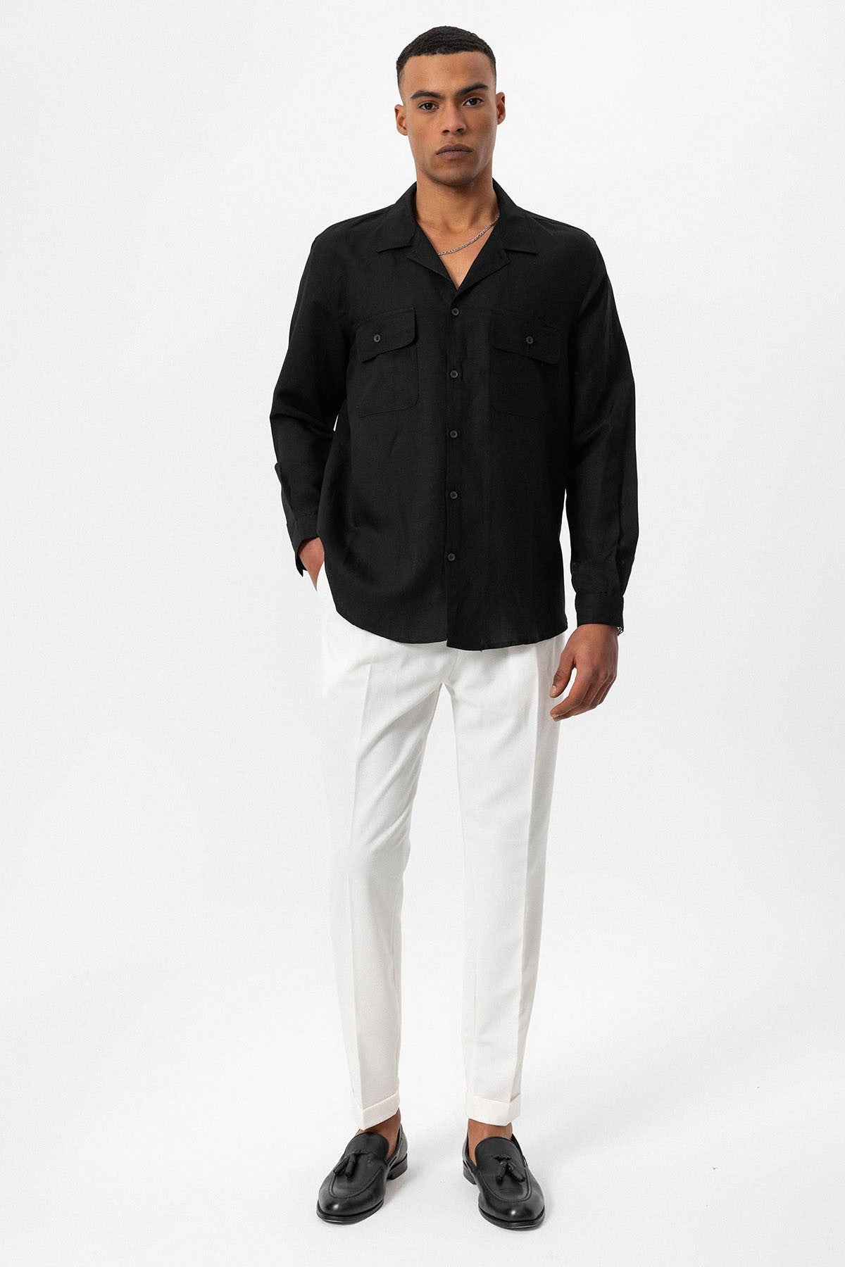Antioch Apache Collar Linen-Blend Long-Sleeve Men's Shirt