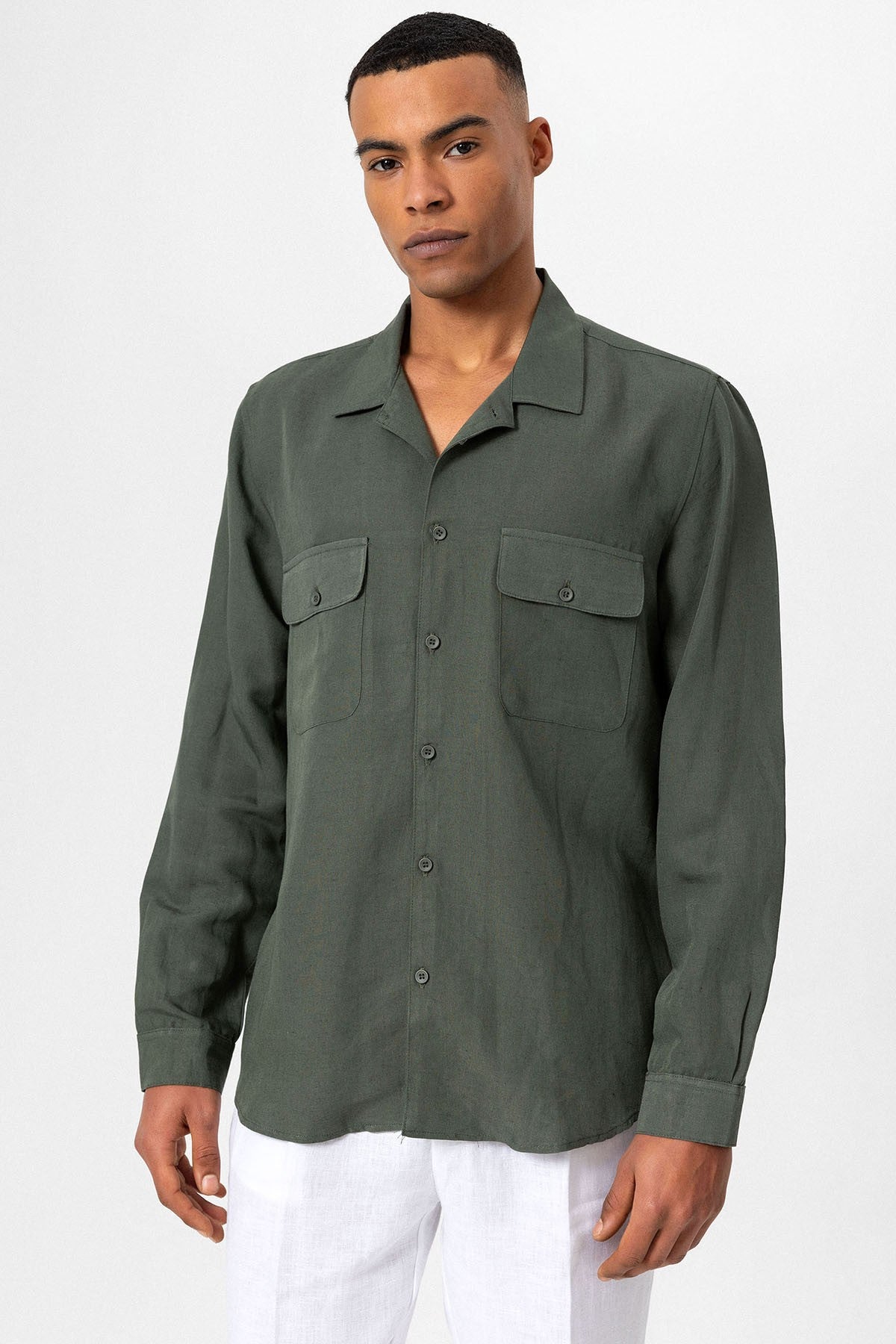 Antioch Apache Collar Linen-Blend Long-Sleeve Men's Shirt
