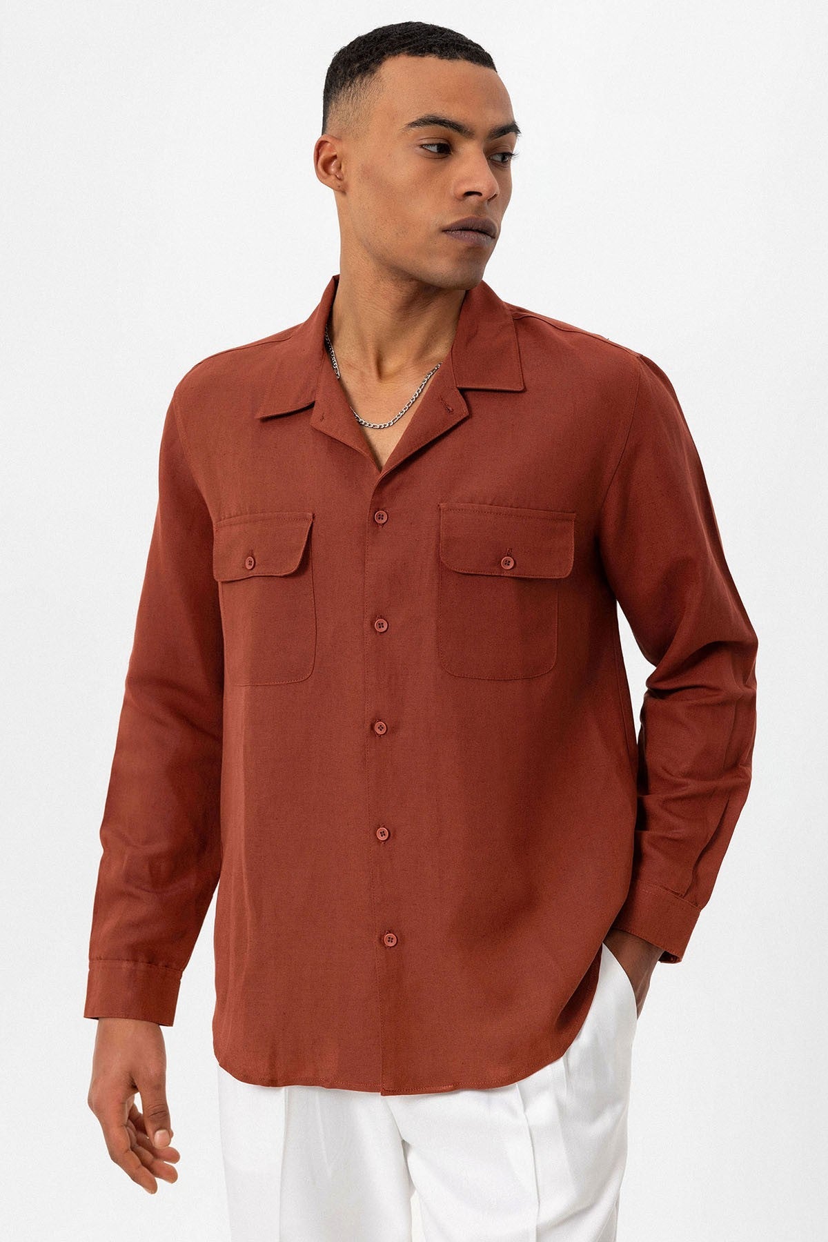 Antioch Apache Collar Linen-Blend Long-Sleeve Men's Shirt