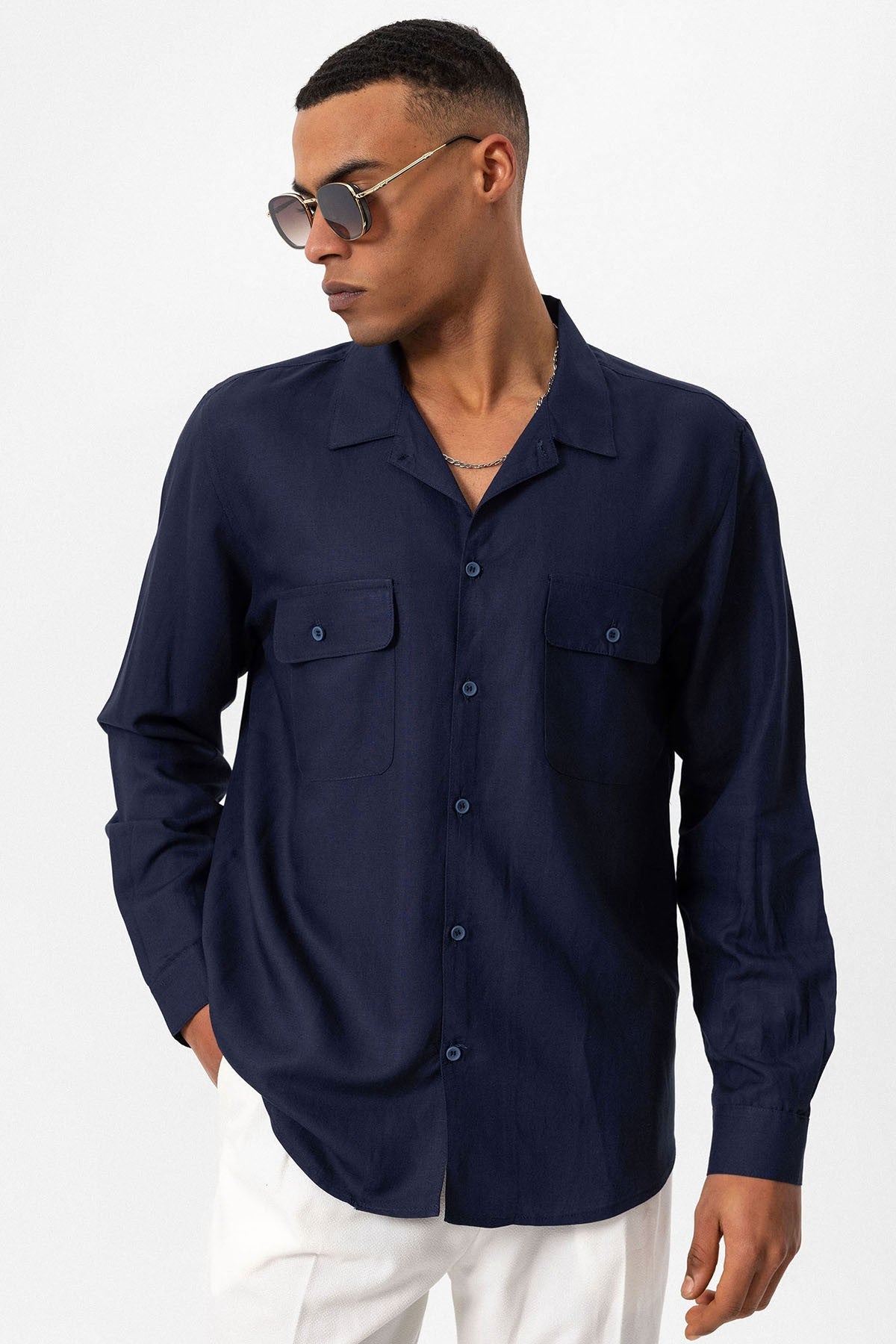 Antioch Apache Collar Linen-Blend Long-Sleeve Men's Shirt